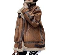 loveimgs Women Oversized Faux Suede Moto Jacket Sherpa Fleece Lined Leather Jacket Aviator Shearling Fur Coat Overcoat, Brown, Large