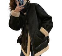 loveimgs Women Oversized Faux Suede Moto Jacket Sherpa Fleece Lined Leather Jacket Aviator Shearling Fur Coat Overcoat, Tan Black, Medium