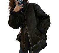 loveimgs Women Oversized Faux Suede Moto Jacket Sherpa Fleece Lined Leather Jacket Aviator Shearling Fur Coat Overcoat, Black, Large