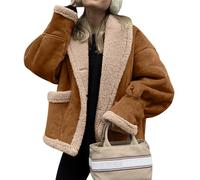 loveimgs Women Oversized Sherpa Lined Leather Jacket Faux Suede Fleece Shearling Coat Winter Biker Aviator Jacket Overcoat, Brown, Small