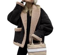 loveimgs Women Oversized Sherpa Lined Leather Jacket Faux Suede Fleece Shearling Coat Winter Biker Aviator Jacket Overcoat, Black, X-Large