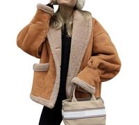 loveimgs Women Oversized Sherpa Lined Leather Jacket Faux Suede Fleece Shearling Coat Winter Biker Aviator Jacket Overcoat, Brown, Medium