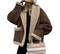 loveimgs Women Oversized Sherpa Lined Leather Jacket Faux Suede Fleece Shearling Coat Winter Biker Aviator Jacket Overcoat, Dark Brown, X-Small