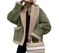 loveimgs Women Oversized Sherpa Lined Leather Jacket Faux Suede Fleece Shearling Coat Winter Biker Aviator Jacket Overcoat, Green, X-Large