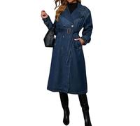 loveimgs Women Vintage Double Breasted Mid Long Denim Jacket Jean Trench Coat Duster Blazer Jacket Windbreaker Belt, Blue, XL
