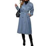 loveimgs Women Vintage Double Breasted Mid Long Denim Jacket Jean Trench Coat Duster Blazer Jacket Windbreaker Belt, Light Blue, S