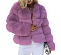 loveimgs Women Warm Fluffy Cropped Puffer Jacket Faux Fur Coat Crop Parka Collarless Winter Teddy Bear Coat Overcoat, Purple, Large