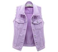 loveimgs Women's Fashion Sleeveless Regular Fit Lightweight Button Front Candy Color Ripped Denim Vest Jacket Pockets, Purple, XXL