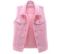 loveimgs Women's Fashion Sleeveless Regular Fit Lightweight Button Front Candy Color Ripped Denim Vest Jacket Pockets, Pink, L