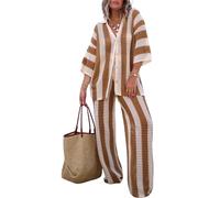 loveimgs Womens Summer 2 Piece Crochet Knit Outfit Striped Short Sleeve Button Shirt Hollow Out Wide Leg Pants Set, Khaki, X-Large