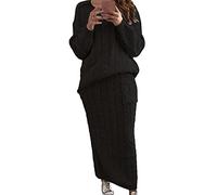 loveimgs Women's Trendy Chunky Cable Knit Long Skirt 2 Piece Outfit Sweater Sets, Black, M