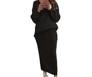 loveimgs Women's Trendy Chunky Cable Knit Long Skirt 2 Piece Outfit Sweater Sets, Black, M