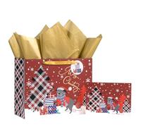 Loveinside 13" Christmas Gift Bag with Tissue Paper, Gift Tag, and Card, Red Dog and Buffalo Plaid Christmas Tree Design