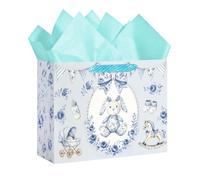 Loveinside 13 Inch Newborn Boy Present Bag Blue Floral Bunny Print Equipped With Tissue Paper & Card Suitable For Baby Shower And Toddler Birthday Parties 13" x 5" x 10", Single Bag