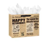 Loveinside 13 Inch Retirement Themed Gift Bag Retro Newspaper Print with Retirement Wishes Kraft Bag Comes with Tissue Paper Great for Colleague Farewell and Gifting 13" x 5" x 10", 1 Piece