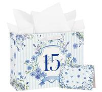 Loveinside 13" Large 15th Birthday Gift Bag with Card and Tissue Paper - Blue Stripe Floral Badge Paper Bags for 15 Year Old Birthday and Keepsake Party