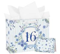 Loveinside 13" Large 16th Birthday Gift Bag with Card and Tissue Paper - Blue Stripe Floral Badge Paper Bags for 16 Year Old Birthday and Keepsake Party
