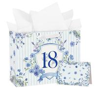 Loveinside 13" Large 18th Birthday Gift Bag with Card and Tissue Paper - Blue Stripe Floral Badge Paper Bags for 18 Year Old Birthday and Keepsake Party