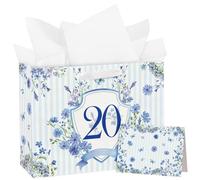 Loveinside 13" Large 20th Birthday Gift Bag with Card and Tissue Paper - Blue Stripe Floral Badge Paper Bags for 20 Year Old Birthday and Keepsake Party