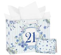Loveinside 13" Large 21st Birthday Gift Bag with Card and Tissue Paper - Blue Stripe Floral Badge Paper Bags for 21 Year Old Birthday and Keepsake Party