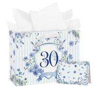 Loveinside 13" Large 30th Birthday Gift Bag with Card and Tissue Paper - Blue Stripe Floral Badge Paper Bags for 30 Year Old Birthday and Keepsake Party