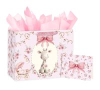 Loveinside 13" Large Baby Girl Gift Bag with Tissue Paper & Greeting Card, Pink Floral Giraffe Design for Baby Shower, Newborn Girl, First Birthday and Baby Celebrations, 13" x 5" x 10", 1 Pc