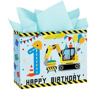 Loveinside 13" Large Construction 1st Birthday Gift Bag with Tissue Paper - Excavator Engineering Paper Bags for One Year Old Birthday Baby Boy Shower