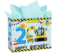Loveinside 13" Large Construction 2nd Birthday Gift Bag with Tissue Paper - Excavator Engineering Paper Bags for Two Year Old Kids Birthday Party