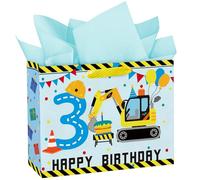 Loveinside 13" Large Construction 3rd Birthday Gift Bag with Tissue Paper - Excavator Engineering Paper Bags for Three Year Old Kids Birthday Party
