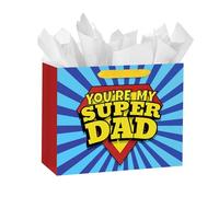 Loveinside 13" Large Day Gift Bag for Father's with "You're My Super Dad" Comic Style Print, Includes Tissue Paper and Greeting Card, Suitable for Dad, Husband, Grandpa, 13" x 5" x 10", 1 Piece