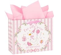 Loveinside 13" Large Silly Goose 1st Birthday Gift Bag with Tissue Paper - Pink One Silly Goose Paper Bags for Girls Birthday Baby Girl Shower and Party
