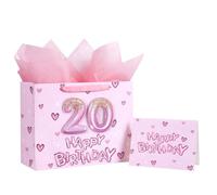Loveinside 20th Birthday Gift Bag for Girls, Pink 3D Number 20 Balloons and Hearts Design, Medium Size Bag with Tissue Paper, Tag, Greeting Card, Ideal for Birthday Celebration, 10" x 5" x 13", 1 Pcs