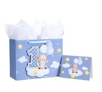 Loveinside Blue Gift Bag for Baby Boys, Balloon Bear and Number 1 Design, Adorable Gift Bag with Tissue Paper, Tag, Greeting Card Great for Baby 1st Birthday Party, 13" x 5" x 10", 1 Pcs
