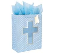 Loveinside Blue Gift Bag with Cross Design, Tissue Paper for Baby Boy Baptisms, Christenings, First Communions Religious Occasion- 25.4x12.7x33cm, 1 Pcs - Blue with Cross Design
