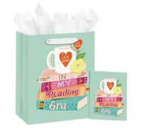 Loveinside Book Lover Gift Bag, "In My Reading Era" Design with Book Stack and Mug, Mint Medium Gift Bag with Tissue Paper, Tag, Card for Bookworm, Librarian, Teacher, Birthday, 10" x 5" x 13", 1 Pcs