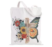 Loveinside Faith Canvas Tote Bag, Rustic Floral Cross and Butterfly Reusable Cotton Shoulder Bag for Women Girls, Inspirational Christian Gift Tote for Casual Vacation, Shopping, 35x40cm, 1 Pcs