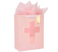 Loveinside Pink Gift Bag with Cross Design, Tissue Paper for Baby Boy Baptisms, Christenings, First Communions Religious Occasion- 25.4x12.7x33cm, 1 Pcs - Pink with Cross Design