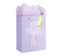 Loveinside Purple Gift Bag with Tissue Paper for Baby Boy Baptisms, Christenings, First Communions Religious Occasion- Cross Design, 25.4x12.7x33cm, 1 Pcs - Purple with Cross Design