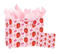 Loveinside Strawberry Bow Gift Bag for Girls, Pink Bow and Sweet berry Design, Medium Size with Tissue Paper, Tag, Card for Birthday, Valentine's Day, Wedding, Bridal Shower, 13" x 5" x 10", 1 Pcs
