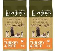 Lovejoys Light/Senior Dry Dog Food Hypoallergenic, Turkey & Rice, 2kg - Complete Dog Kibble, Low Fat, Low Protein, Gluten Free Dog Food for Sensitive Stomach (Pack of 2)