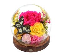 Loveliome Long-Lasting Real Preserved Flowers in Glass Dome - Unique Starfish or Butterfly Eternal Roses Gift with LED Lights for Women Monther Indoor Decoration, Butterfly and Hot Pink Yellow Rose