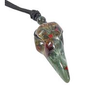 Loveliome Natural Crystal Stone Raven Skull Pendant Necklace Hand Carved Crow Head Charm with Adjustable Cord, Africa Bloodstone, No Gemstone