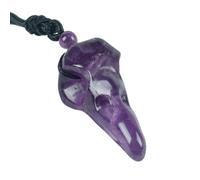 Loveliome Natural Crystal Stone Raven Skull Pendant Necklace Hand Carved Crow Head Charm with Adjustable Cord, Amethyst, No Gemstone