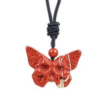 Loveliome Natural Crystal Stones Butterfly Skull Pendant,Adjustable Black Cord Gothic Hand Carved Necklace, Red Jasper, No Gemstone