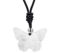 Loveliome Natural Crystal Stones Butterfly Skull Pendant,Adjustable Black Cord Gothic Hand Carved Necklace, White Quartz, No Gemstone