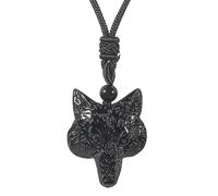 Loveliome Natural Fox Head Crystal Stone Amulet Pendant Adjustable Rope Necklace Charm for Men Women, Black Obsidian, No Gemstone