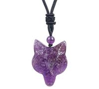 Loveliome Natural Fox Head Crystal Stone Amulet Pendant Adjustable Rope Necklace Charm for Men Women, Amethyst, No Gemstone