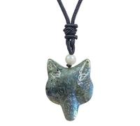 Loveliome Natural Fox Head Crystal Stone Amulet Pendant Adjustable Rope Necklace Charm for Men Women, Moonstone, No Gemstone