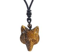 Loveliome Natural Fox Head Crystal Stone Amulet Pendant Adjustable Rope Necklace Charm for Men Women, Tiger's Eye, No Gemstone