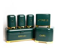 Lovello 6pc Gift-Boxed Hunter Green Kitchen Set with Tea, Coffee & Sugar Canisters, Utensil Store, Cake Tin & Bread Bin Lovello Green